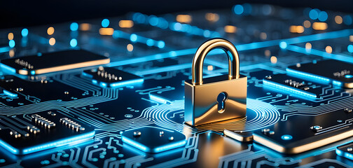 cybersecurity service concept of motherboard and safety authentication network or AI regulation laws with login and connecting. - obrazy, fototapety, plakaty