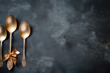 Three gold spoons with a bow on a black background. Ideal for kitchenware or gift-related projects - obrazy, fototapety, plakaty
