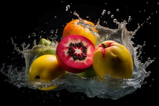 Exotic fruits splash. Multicolored and healthy natural foods clean water. Generate AI