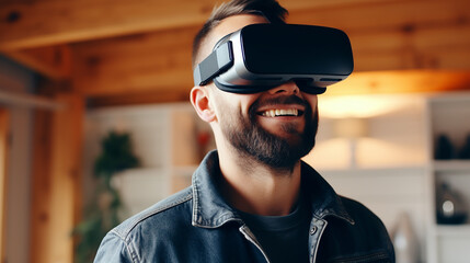 American man wearing virtual reality goggles