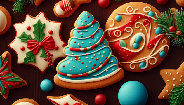 christmas cookies, Christmas Sugar Cookies with Royal Icing background, Ai generated image