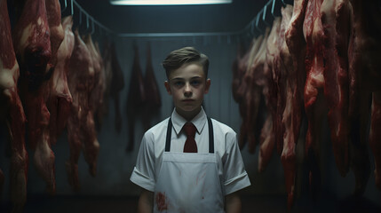 Young butcher at the meat factory
