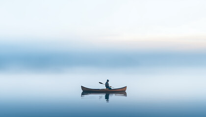 Fototapeta na wymiar man_canoeing_on_a_misty_lake_at_dawn