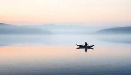 Fototapeta na wymiar man_canoeing_on_a_misty_lake_at_dawn