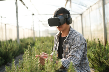 Male farmer in VR headset and touching virtual button in greenhouse