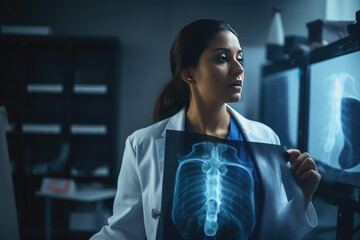 Hispanic doctor examining a patient's chest X-ray in a dimly lit room