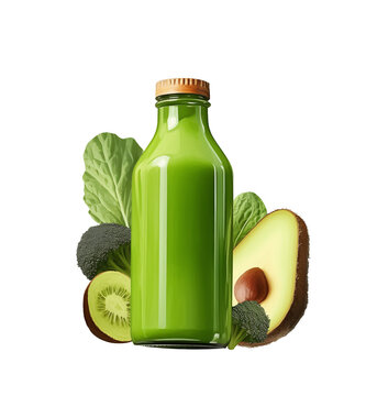 Isolated Of Green Smoothie Bottle With Ingredients