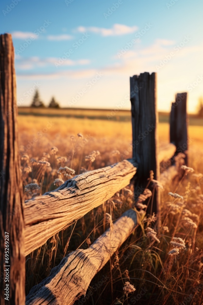 Poster a picture of a wooden fence standing in a field of tall grass. this image can be used to depict rura