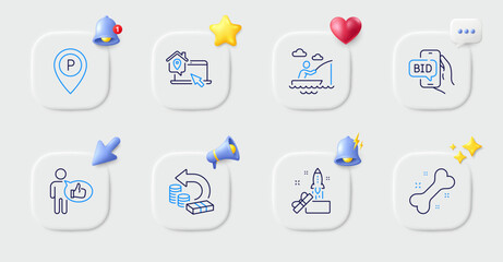 Work home, Parking and Boat fishing line icons. Buttons with 3d bell, chat speech, cursor. Pack of Dog bone, Cash back, Like icon. Bid offer, Innovation pictogram. For web app, printing. Vector