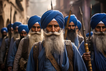 Sikh religious people in blue dress - obrazy, fototapety, plakaty