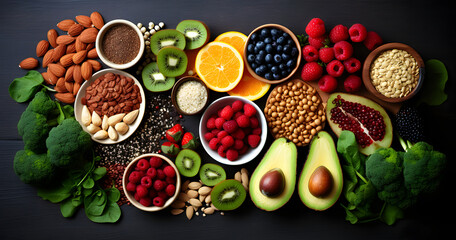 Health food for fitness concept with fruit, vegetables, pulses, herbs, spices, nuts, grains and pulses. High in anthocyanins, antioxidants, smart carbohydrates, omega 3, minerals and vitamins.