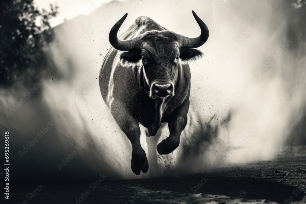 Poster a black and white photo capturing the powerful motion of a running bull. ideal for depicting strengt