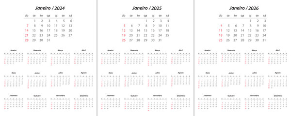 Calendar 2024, calendar 2025, calendar 2026 on portuguese language week start Sunday - obrazy, fototapety, plakaty
