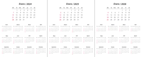 Foto op Canvas Calendar 2024, calendar 2025, calendar 2026 on spanish language week start Sunday © Katyam1983