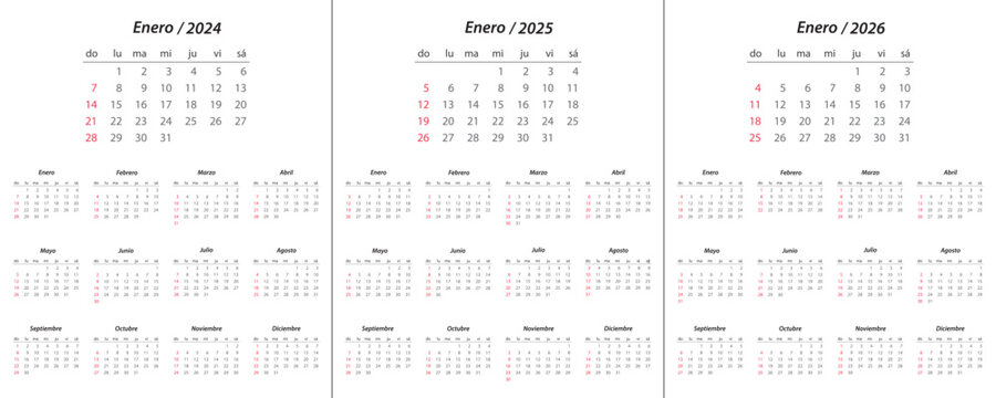 Calendar 2024, calendar 2025, calendar 2026 on spanish language week start Sunday