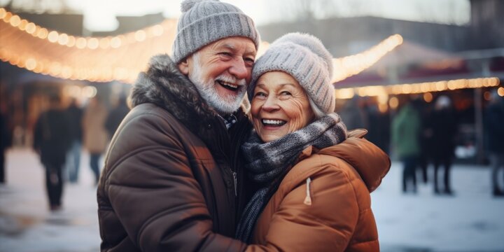 A heartwarming image of a man and a woman hugging affectionately in a beautiful snowy setting. Perfect for conveying love, warmth, and togetherness.