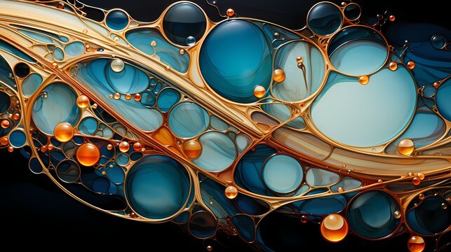 A delicate and intricate pattern emerges from a liquid-like background, with hues of gold and blue intertwining like oil droplets suspended in water