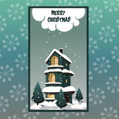 Vector illustration of a Christmas trees and a cartoony house at snowy winter night