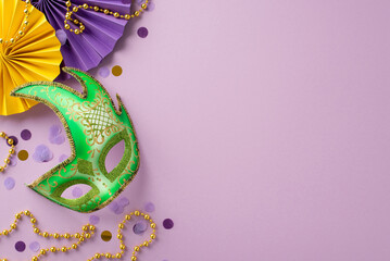 Vibrant Revelry scene. Overhead photo of lively table setting adorned with carnival mask, decorative fans, confetti, and bead garlands on a vivid purple background, ready for personalized text - Powered by Adobe