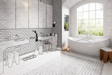 Entwurf eines Modernen Badezimmers mit weißer Keramik - 3D Visualisierung - 695271022