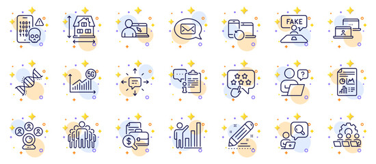 Fototapeta na wymiar Outline set of Messenger, Fake review and Chemistry dna line icons for web app. Include Brand contract, Inspect, Clipboard pictogram icons. Outsource work, House dimension. Vector