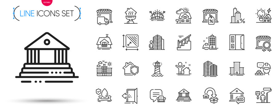 Pack of Realtor, Agent and University campus line icons. Include Delivery truck, Flood insurance, Building energy pictogram icons. Balcony, Skyscraper buildings, Lighthouse signs. Vector