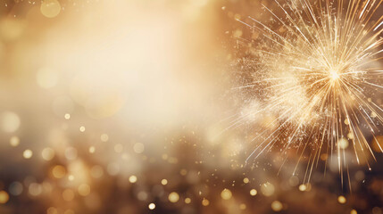 Abstract gold glitter background with fireworks. christmas eve, new year and 4th of july holiday concept.