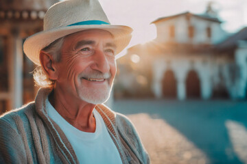 An elderly man, happy on his vacation traveling the world after retiring.