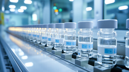 Vials of liquid medication in production line, pharmaceutical manufacturing. Medicine and vaccine concept.
