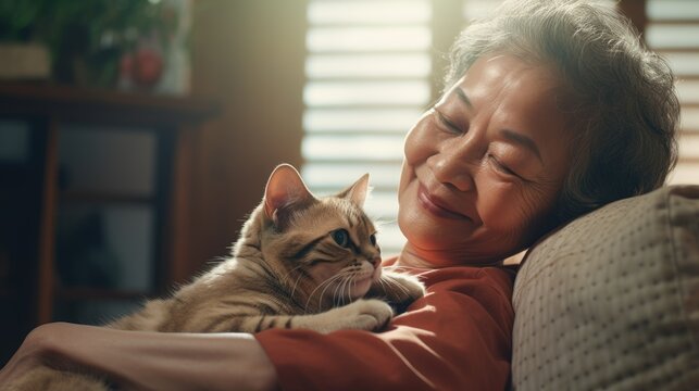 Older elderly with pet, An aged woman hugs her beloved cat, Portrait selective focus, AI Generative