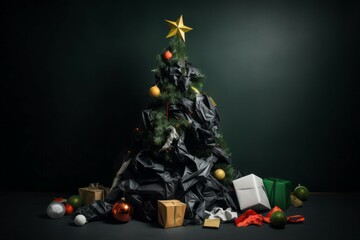 Christmas tree made from trash decorative stuff. Waste management campaign environment impact. Generate ai