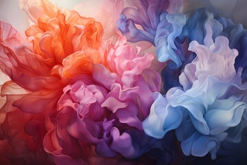 A delicate interplay of translucent liquid colors, blending together like watercolors on canvas, creating a dreamy and ethereal effect