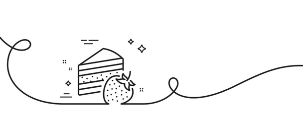 Cake line icon. Continuous one line with curl. Sweet strawberry sign. Confectionery or pastry symbol. Cake single outline ribbon. Loop curve pattern. Vector