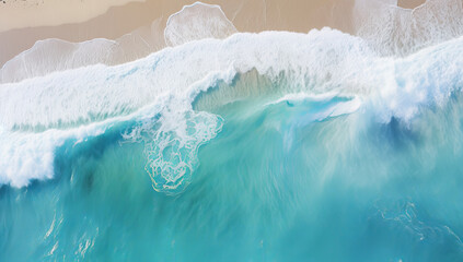Aerial view of a beach with clear turquoise ocean water. Holiday or vacation scene.
