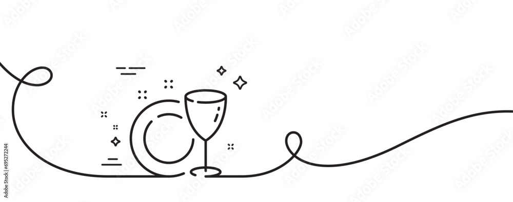 Poster dish plate line icon. continuous one line with curl. tableware wineglass sign. food kitchenware symb
