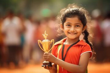 cute little girl with winning trophy