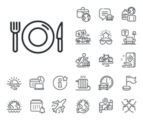 Restaurant sign. Plane jet, travel map and baggage claim outline icons. Food line icon. Fork, knife and plate symbol. Food line sign. Car rental, taxi transport icon. Place location. Vector