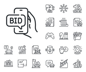 Auction sign. Floor plan, stairs and lounge room outline icons. Bid offer line icon. Raise the price up symbol. Bid offer line sign. House mortgage, sell building icon. Real estate. Vector