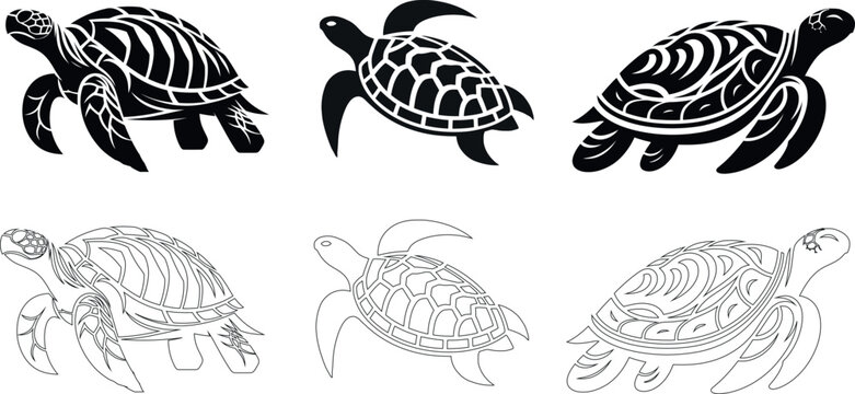 turtle illustrations, perfect for logo, tattoo, decal designs.Sea creature art, patterned shell turtles, Unique, intricate patterns on shells and bodies, showcasing animal artistry. 
