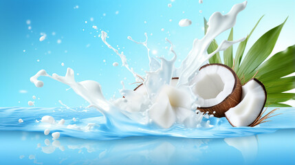 Coconut milk splash and palm leaves bokeh background. Cracked coconut splash. generative ai - obrazy, fototapety, plakaty