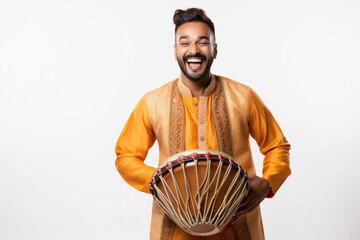 indian man with drum or dhol on white background