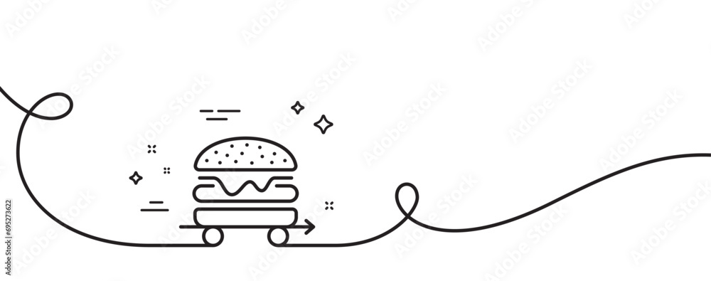 Poster food delivery line icon. continuous one line with curl. cheeseburger meal sign. catering service sym