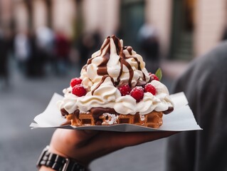 Beautiful appetizing close-up of a hand holding Belgian waffle topped with chocolate sauce over...