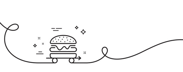 Food delivery line icon. Continuous one line with curl. Cheeseburger meal sign. Catering service symbol. Food delivery single outline ribbon. Loop curve pattern. Vector