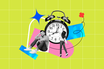 Creative abstract template collage of bored unhappy tired man father little girl clock time freak bizarre unusual fantasy billboard