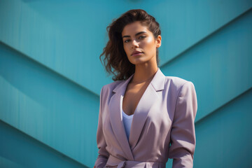 Model in a pastel-toned suit, standing confidently with hands on hips, her shadow mirroring her stance on the minimalist background
