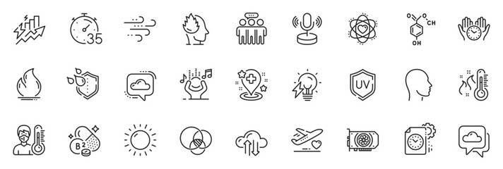Icons pack as Noise, Cloud communication and Medical flight line icons for app include Safe time, Stress, Sunny weather outline thin icon web set. Chemical formula, Electricity bulb. Vector - obrazy, fototapety, plakaty