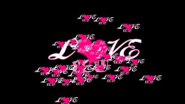animated love you text with pink hearts on black background, romantic theme animation for couples, valentine's day,