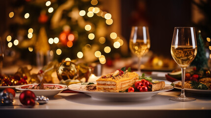 Naklejka na ściany i meble Tasty lasagne served on festive table in front of Christmas tree