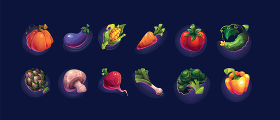 Fresh vegetables color icon vector illustrations big set. Kitchen garden harvest pack of flat objects on dark blue background. Design element
